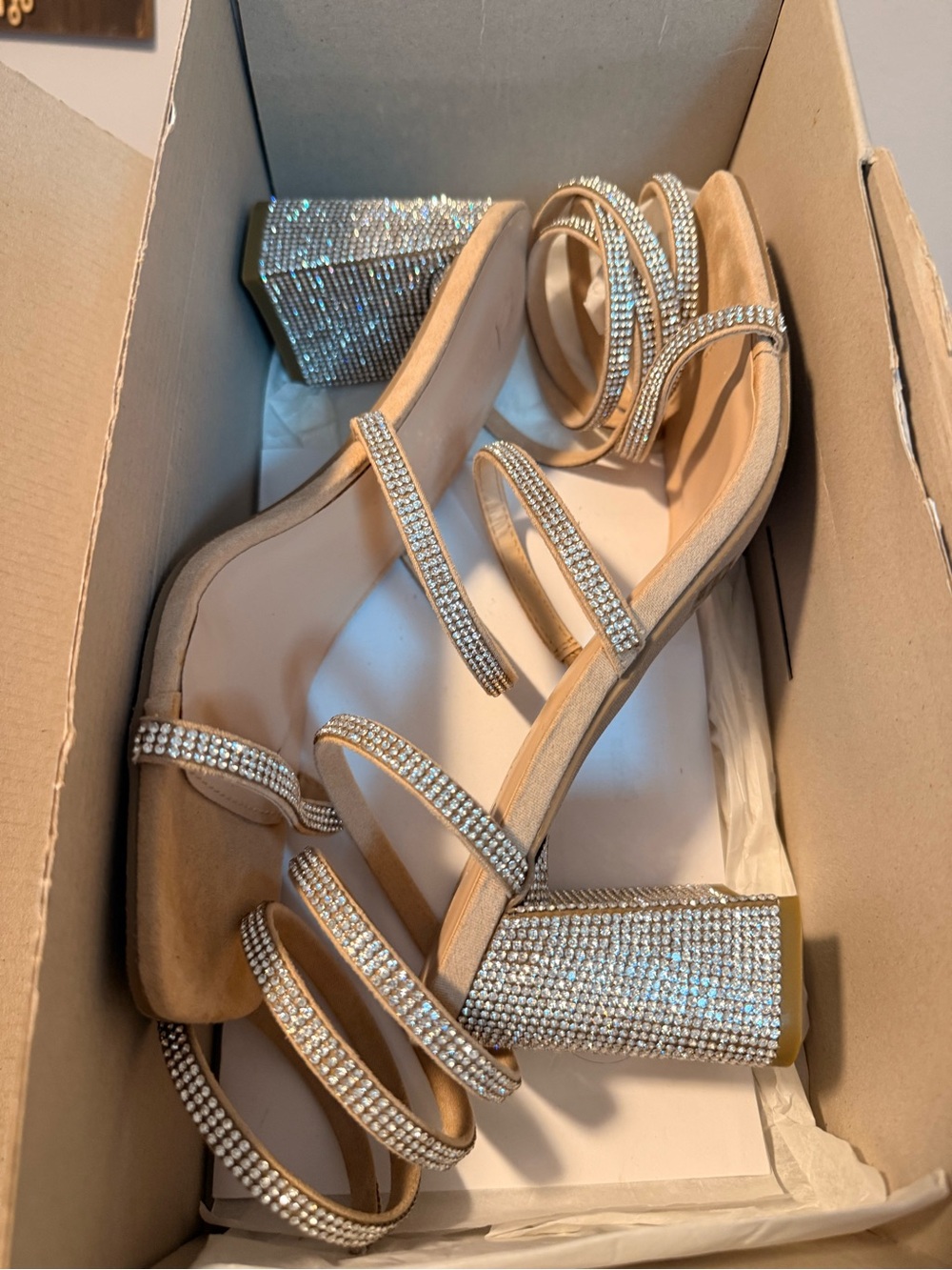 Nude Crystal Strappy Block Heel Sandals